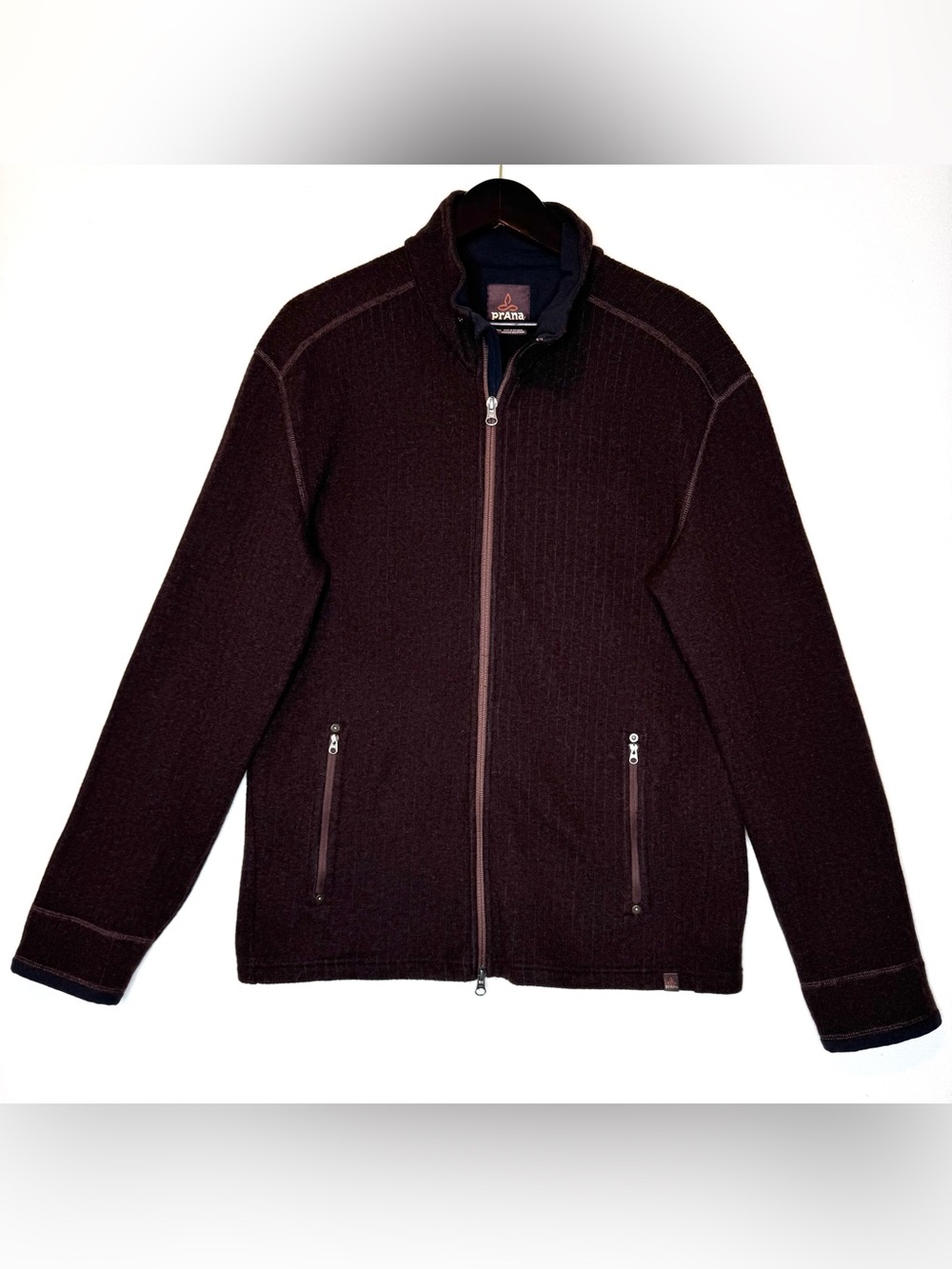 Prana Men's Full Zip Sweater Jacket size XL brown textured wool blend, pockets